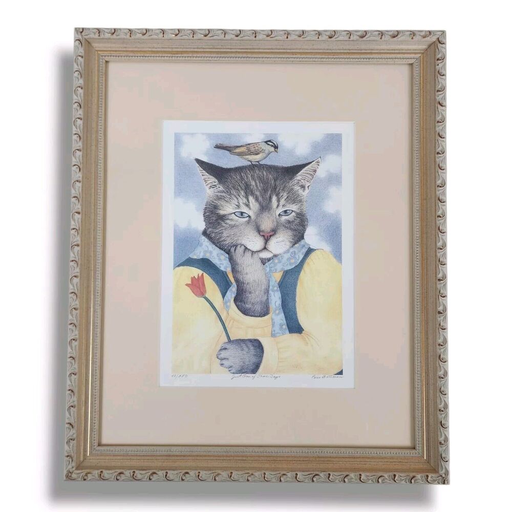 Paris Bottman Signed Numbered Print Tabby Cat & Sparrow Just One of Those Days